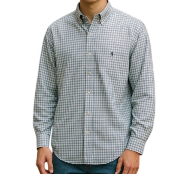 Vintage 90’s Ralph Lauren Mens The Big Shirt Blue White Buffalo Plaid Oxford L - Picture 1 of 13